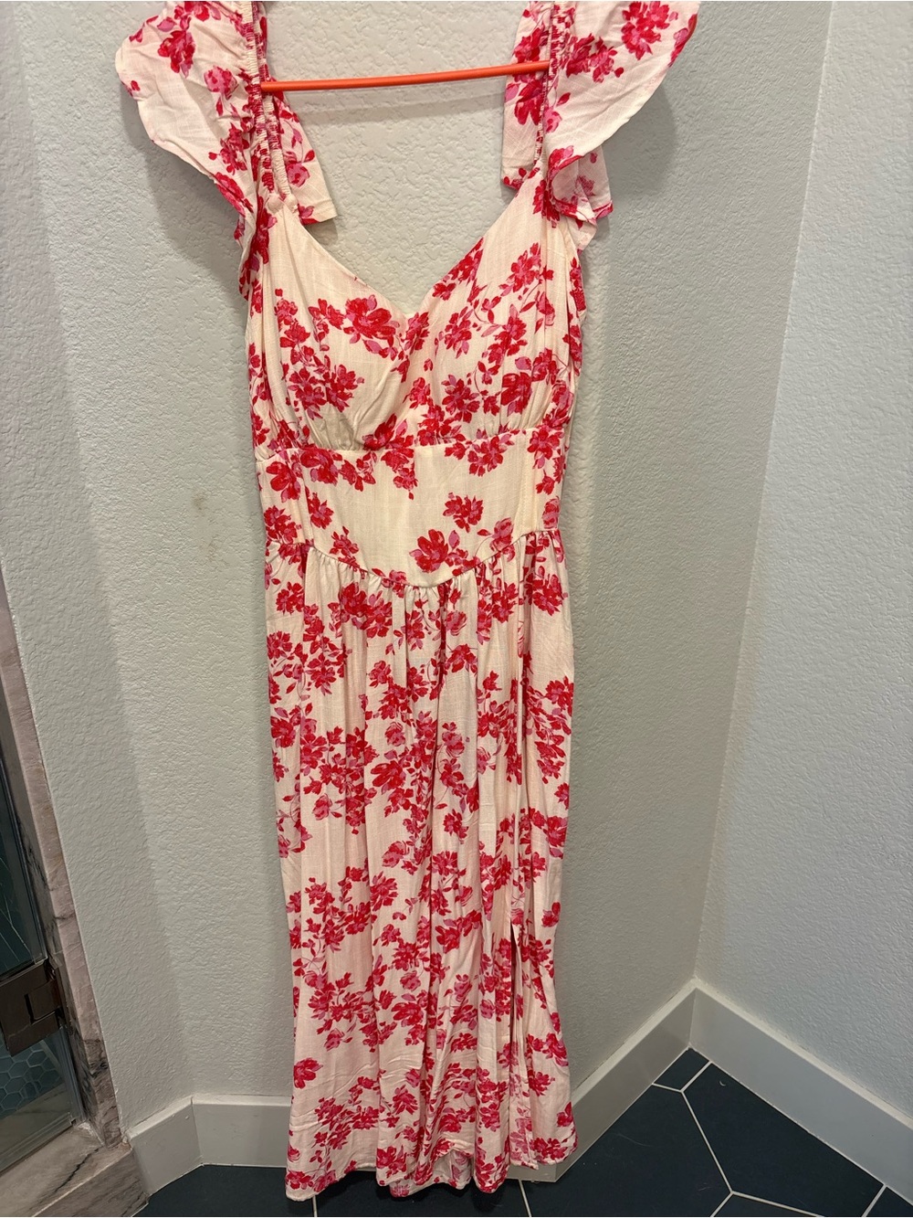 Floral Cream Maxi Dress with Pink-Red Print